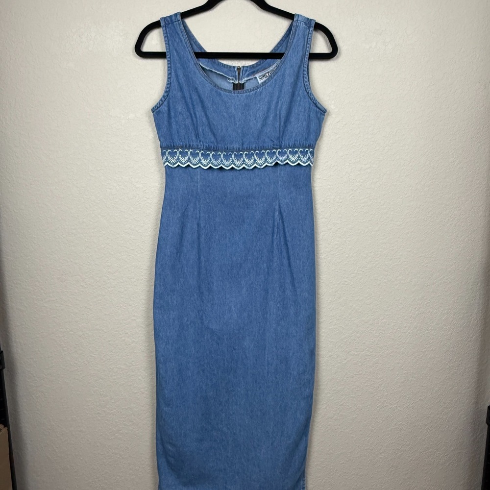 Vtg 90's Something Denim Midi Empire Waist Dress Made in USA Y2K Western Sz S